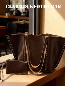 Vintage Distressed Tote Bag With Rivet Decor, Metal Rivet Line Accents, Open Top Oversized Body, Extended Handle Strap, Matching Small Bag From The Same Series, Ample Storage Space, Suitable For Commuting And Travel, Creating A Cool Retro Vibe Outfit - Coffee Brown - View 4
