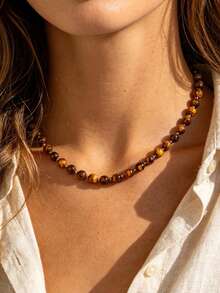 1pc Minimalist Beaded Necklace In Maillard Color Palette, Women's Daily, Vacation, Date, Travel Wear, Perfect Gift Choice - Brown - View 2