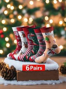 6 Pasang Kaos Kaki Pria Bertema Natal, Dicetak dengan Motif Santa Claus, Rusa Kutub, dan Kepingan Salju, Kaos Kaki Liburan yang Nyaman dan Hangat - MultiWarna - View 2