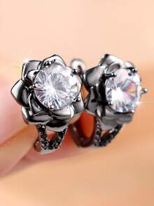 1 Pair Of Elegant And Delicate Women's Earrings Featuring A Cubic Zirconia Flower Design-Perfect For Dates And Everyday Wear - Gun Black - View 5