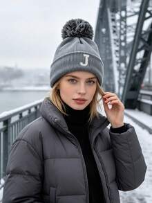 1pc Women's Pom‑Pom Decor Cuff Ribbed Knit Beanie Hat, A-Z Letter Applique Detail, Soft Warm Fall‑Winter Headwear, Fashion Fall Outfit Essential - Grey - View 3