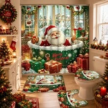 1/4pcs Merry Christmas Winter Shower Curtain Set, Cute Santa Claus, Snowman, Christmas Tree, Snowy Landscape, Snowflake Pattern, Happy New Year Holiday Bathroom Curtain Set, Polyester Fabric, With Hooks, 70.8*70.8 Inches - A - View 20