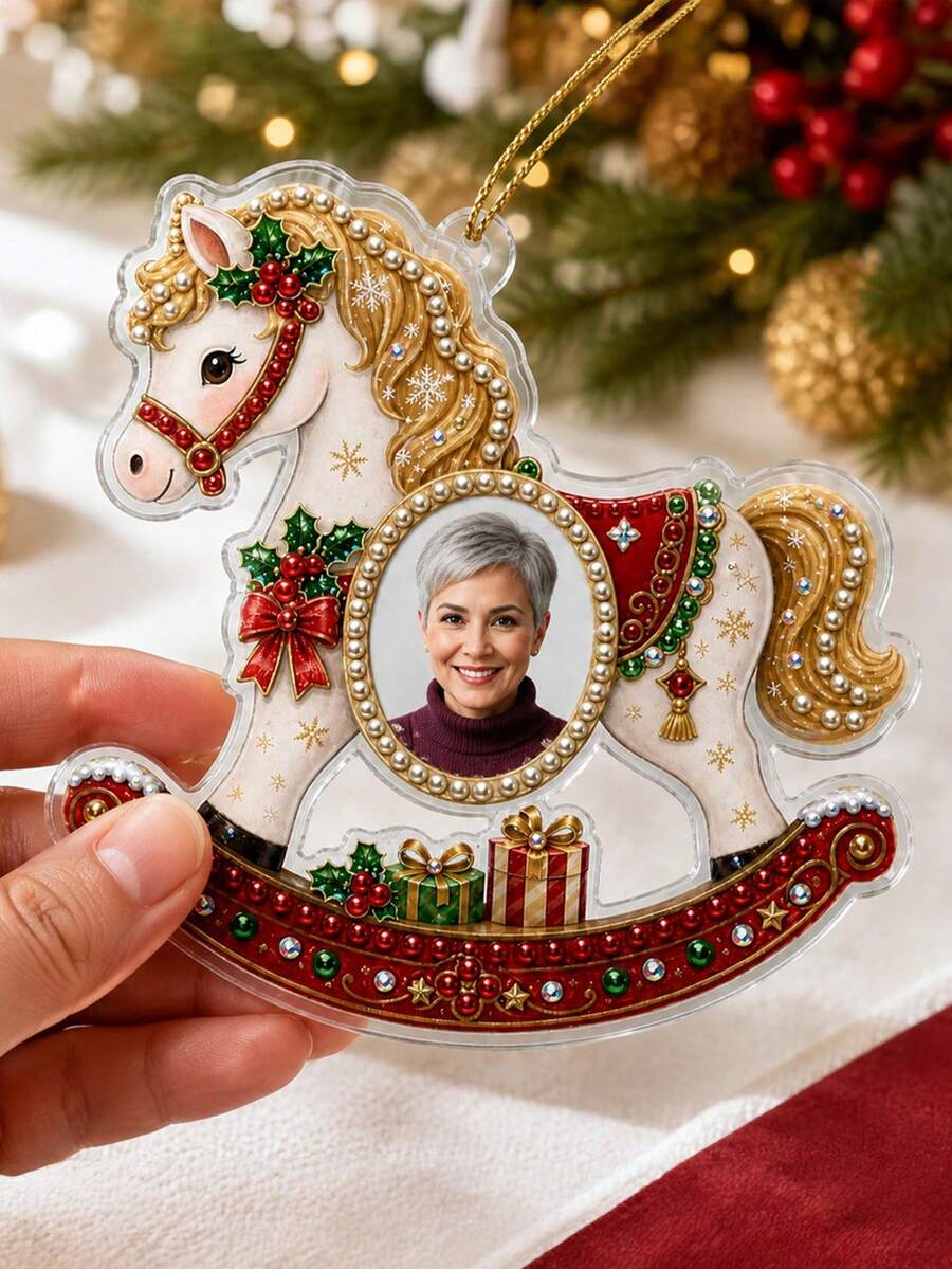 Custom Photo DIY Pearl Art Rocking Horse Christmas Ornament, 10cm Acrylic Hanging Decoration Keepsake, With Shiny Resin Rhinestones And Gold Rope, Personalized Portrait Christmas Tree Decor, Warm Holiday Gift For Family, Parents, Grandparents And Loved Ones