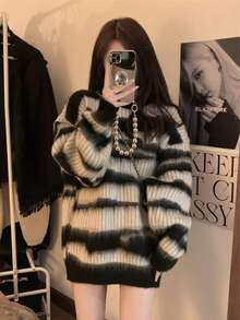 Suéter de punto para mujer de otoño e invierno, suave y cómodo, textura de lana, cálido y resistente al viento, suelto, estilo de moda coreana, suéter suelto y versátil. - Gris negro - Ver 7