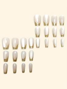 24pcs Short Square 3D Gold Plated French Press-On Nails, Cat Eye Press-On Nail Set, Includes 1 Jelly Glue And 1 Nail File. These Removable Nail Stickers Are Suitable For Women And Girls For Parties, Proms, Daily Wear, And Other Occasions. - Gold - View 2