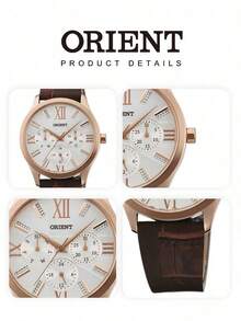 Orient Rose Gold Mother Of Pearl Dial Women's Quartz Watch, Vintage Brown Embossed Leather Strap, Roman Numeral Hour Markers - Brown - View 6