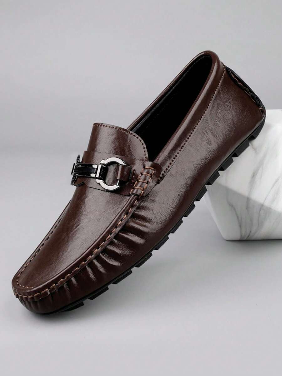 Men's Shiny Metal Horsebit Slip-On Loafers, Microfiber Leather Wear-Resistant Textured Grip Soft Sole, Business Commute Date Casual Versatile Men's Shoes - Brown - View 1