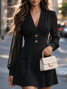 DONICY Women's Elegant V-Neck Mini Dress, Puff Long Sleeve Metal Button Waist-Cinching A-Line Autumn Dress - Black - View 7