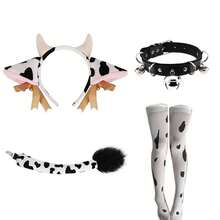 2/4pcs Cow Costume Accessory Set - Polyester Cow Ear Headband, Tail, Bell Collar And Cow Print Knee-High Socks - Washable - Suitable For Animal Theme Party, Cosplay - Multicolor - View 4