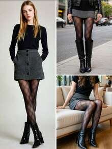Women's Plaid Fishnet Tights - Transparent Black & Grey Diamond Pattern Pantyhose, Sexy High Waist Elastic Stockings, Suitable For Autumn/Winter Street Style - Black - View 1