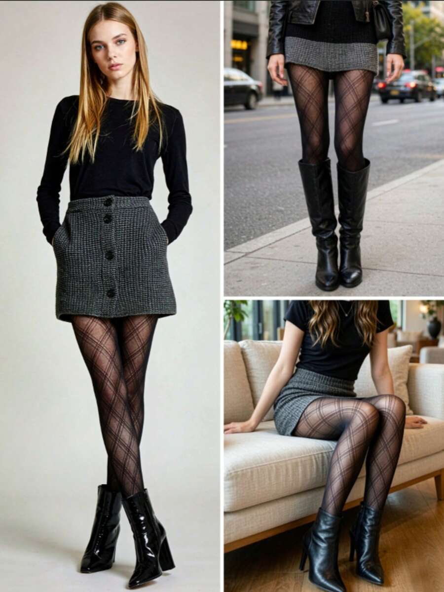 Women's Plaid Fishnet Tights - Transparent Black & Grey Diamond Pattern Pantyhose, Sexy High Waist Elastic Stockings, Suitable For Autumn/Winter Street Style - Black - View 1