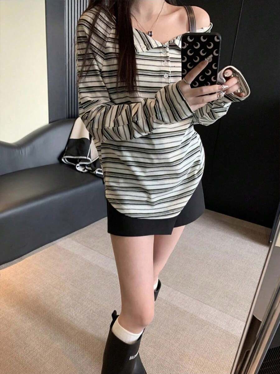 Striped Cold Shoulder Long Sleeve T-Shirt, Spring/Autumn New Arrival, Premium Slouchy Loose Fit Off-Shoulder Pullover Top