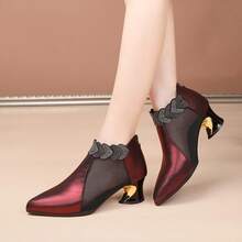 Fashion Rhinestone Lace Mesh Ankle Boots Women Pointed Toe Asymmetric Heel Back Zipper Breathable Chunky Heel Mom Fashion Ankle Boots - Burgundy - View 2