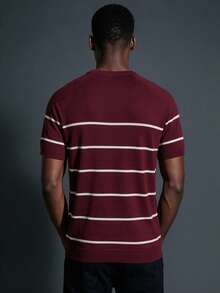 Camvyn Men's Summer Comfortable Casual Crew Neck Raglan Sleeve Striped Slim Fit Short Sleeve T-Shirt - Burgundy - View 2