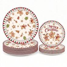10/20/50 Pcs Piring Kertas Sekali Pakai Natal Vintage Motif Gingerbread Man Ukuran 7 Inci & 9 Inci, Desain Merry Christmas Snowflake Candy Cane Xmas, Peralatan Makan Meja Meriah untuk Makan Malam Libur Natal dan Dekorasi Meja Pertemuan Musim Dingin - Warna-warni 2 - View 3