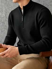 男士經典拉鍊翻領長袖細針織毛衣，秋冬款 - 黑色 - 查看 3