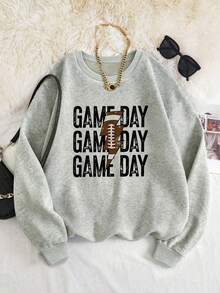 Plus Size Women's Daily Rugby Lightning Sports Print Round Neck Long Sleeve Casual Spring/Fall/Winter Hoodie Outfits For Women Tops For Women - Light Grey - View 4