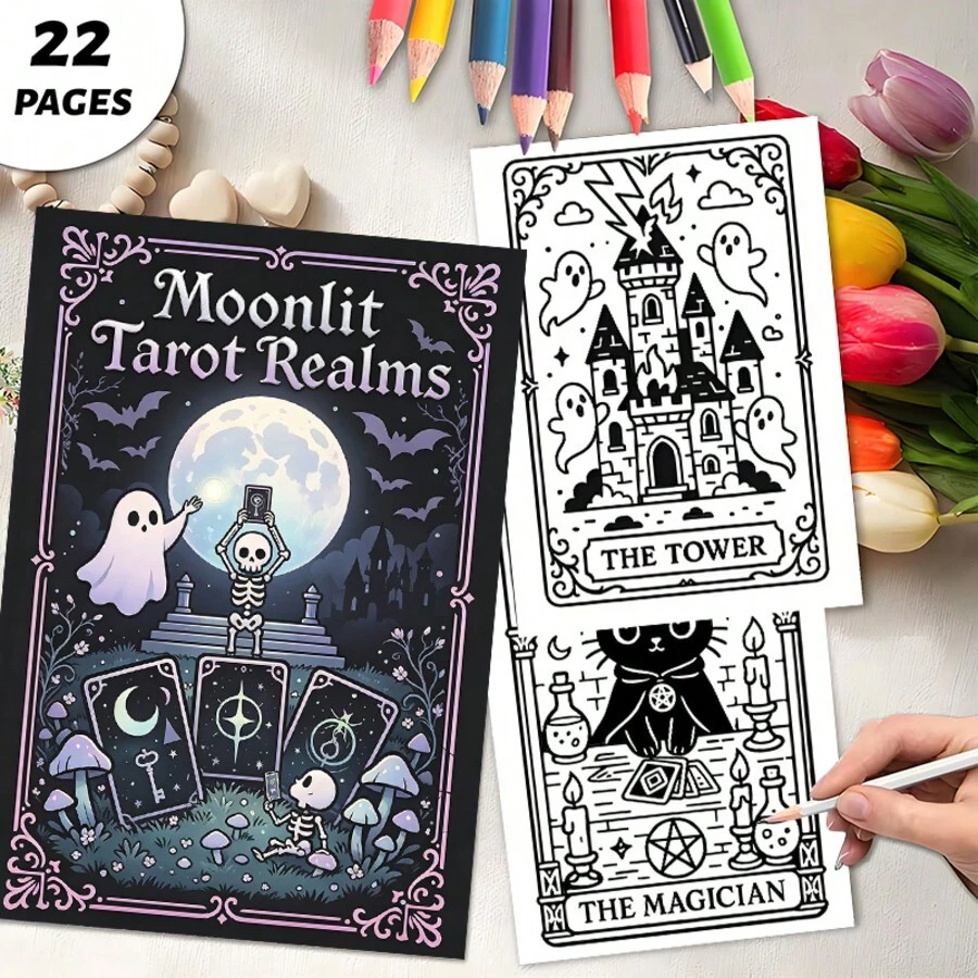 1pc Copy "Tarot Card Coloring Book Gothic Cute Witch Theme" 22 Pages Thick Paper, Size 8*8 Inches Suitable For Beginners Drawing Practice, Relieve Office Stress, Parent-Child Interaction, A Great Gift For Holiday Parties And Events To Give To Friends, Helps Relieve Stress. Suitable For Stationery And Learning Supplies, A Small Gift For Music Festivals And Wedding Season One Copy "Tarot Card Coloring Book" - Single Piece - View 1