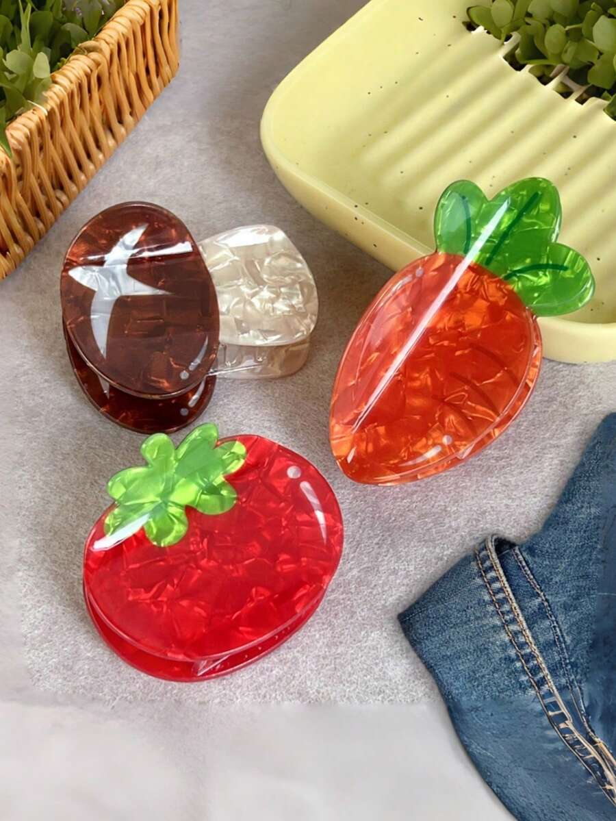 3pcs Casual PVC Creative Vegetable Hair Clips Cute Tomato Carrot Shark Claw Hair Accessories For Women - Multicolor - View 1