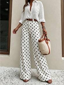 Women High Waist Polka Dot Wide Leg Pants, Elastic Loose Straight Leg Trousers Casual Work Office Long Pants,Fall Clothes For Women,Fall Style - White - View 4