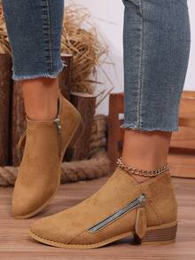 Vintage Print Patchwork Pointed Toe Chunky Heel Belt Buckle Ankle Boots British Style Rear Zipper Women's Boots Autumn Winter - Khaki - View 5