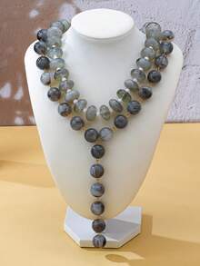 OABE 2pcs/Set Bohemian Style Grey Textured Ball Bead Necklace Including Y-Shaped Necklace And Choker Necklace, Suitable For Women's Daily Wear, Fashionable Autumn Outfit Accessory - Grey - View 5
