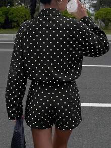 abyoxi 女款黑白波點領長袖拉鍊短夾克與高腰迷你短褲兩件套，復古休閒，適合約會、返校、外出、日常通勤，秋冬穿搭 - 黑色 - 查看 2