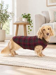 1PC Reversible Mini Dachshund Dog Coat , Fair Isle & Plaid Print Double Sided Sausage Dog Jacket, Slight Stretch Soft Warm Winter Wiener Dog Clothes For Mini And Standard Dackel Teckel Dogs - Brown - View 7