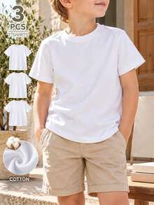3pcs/Pack Unisex Kids White Pure Cotton Short Sleeve T-Shirt, Solid Color Crew Neck Basic Style, Suitable For Back To School, Daily Wear And Layering - White - View 1