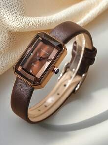 1pc Women's Retro Fashionable Minimalist Quartz Watch, Suitable For Daily Wear - Coffee Brown - View 2