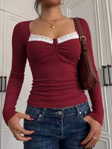 Atasan Bergaris SCARLUX Y2K Wanita, Atasan Lengan Panjang Kancing Leher V dengan Hiasan Renda, Pas Badan, Cocok untuk Pakaian Jalanan Kembali ke Sekolah - Burgundy - View 6