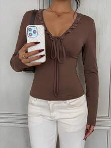 SCARLUX Autumn Y2K Women's Brown Lace Trim V-Neck Long Sleeve Top, Lace-Up Front Slim Fit Cropped T-Shirt, Casual Style - Brown - View 5