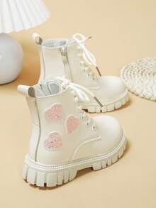 Girls Sweet Heart Decor Ankle Boots, Glitter Heart Applique Lace-Up Side Zipper Thick Sole Non-Slip Mid-Calf Boots - Beige - View 7