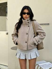 THREADLY Autumn/Winter New Women's European And American Style Fashion Minimalist Versatile Stand Collar Overcoat - Khaki - View 1