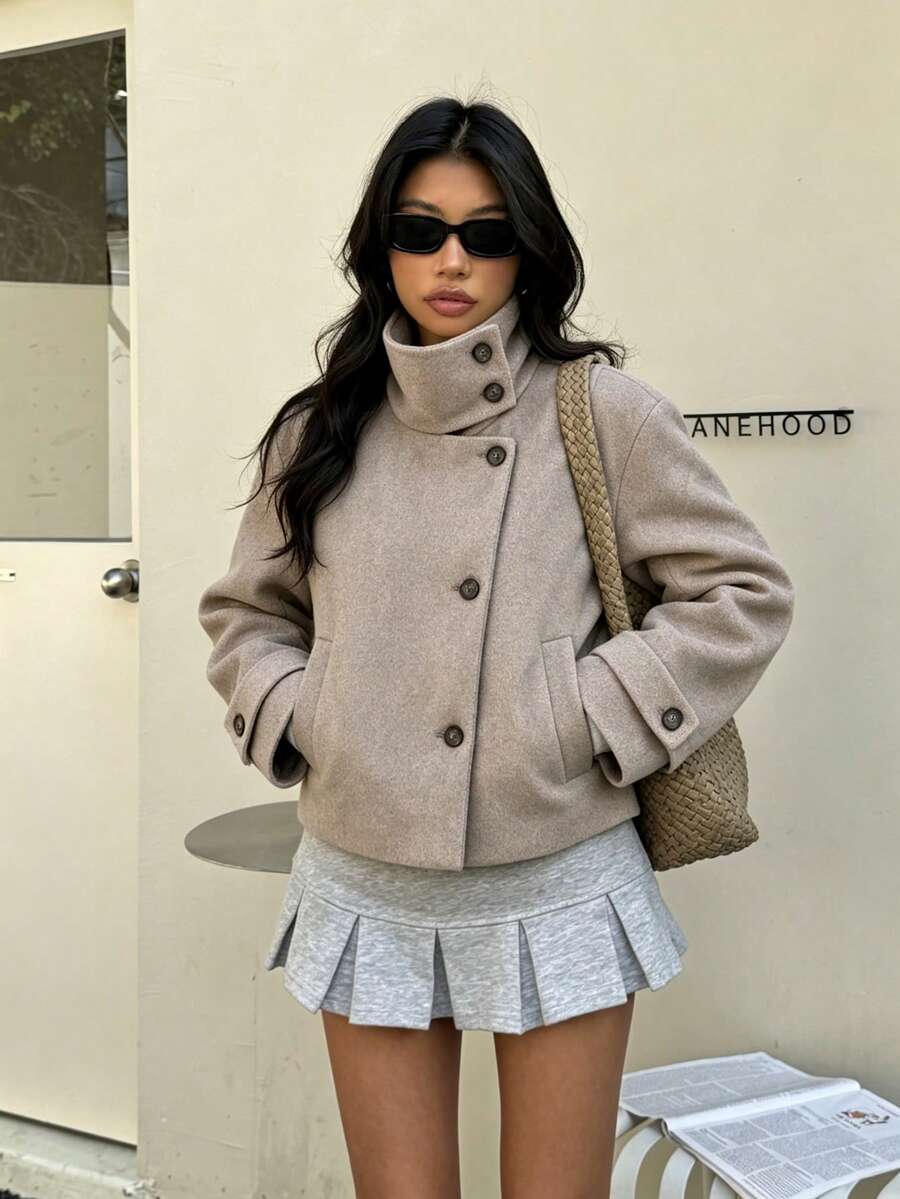 THREADLY Autumn/Winter New Women's European And American Style Fashion Minimalist Versatile Stand Collar Overcoat - Khaki - View 1