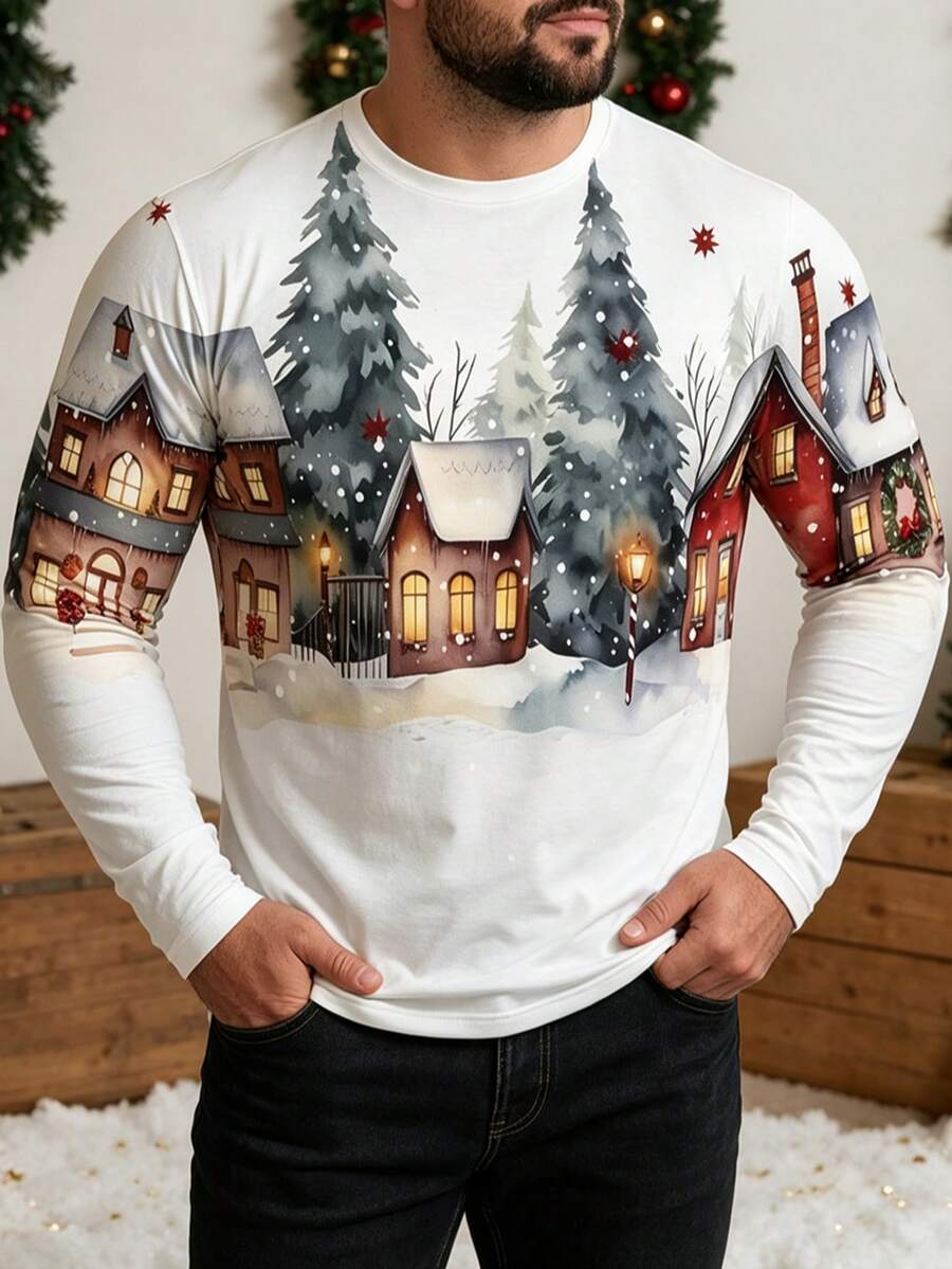 Men's Autumn/Winter Christmas Atmosphere Snow Village & Pine Tree 3D ...