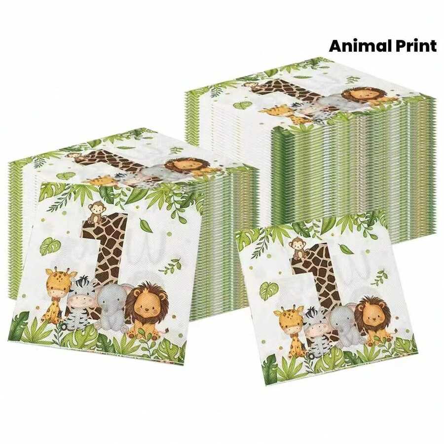 20/40/60 Sheets Jungle Safari Animal Print Disposable Paper Napkins, Vibrant Patterned Napkins With Giraffe, Lion, Zebra, Elephant & Monkey, Colorful Themed Table Decorations For Safari Party, Restaurant & Home Decor - View 1