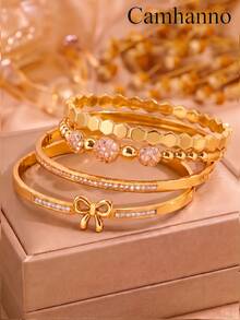 4/1pc Ladies' 18K Gold Plated Stainless Steel And Copper Bracelet Exquisite Multi Style Combination Set Temperament Layered Commuting Bracelet - Gold - View 13