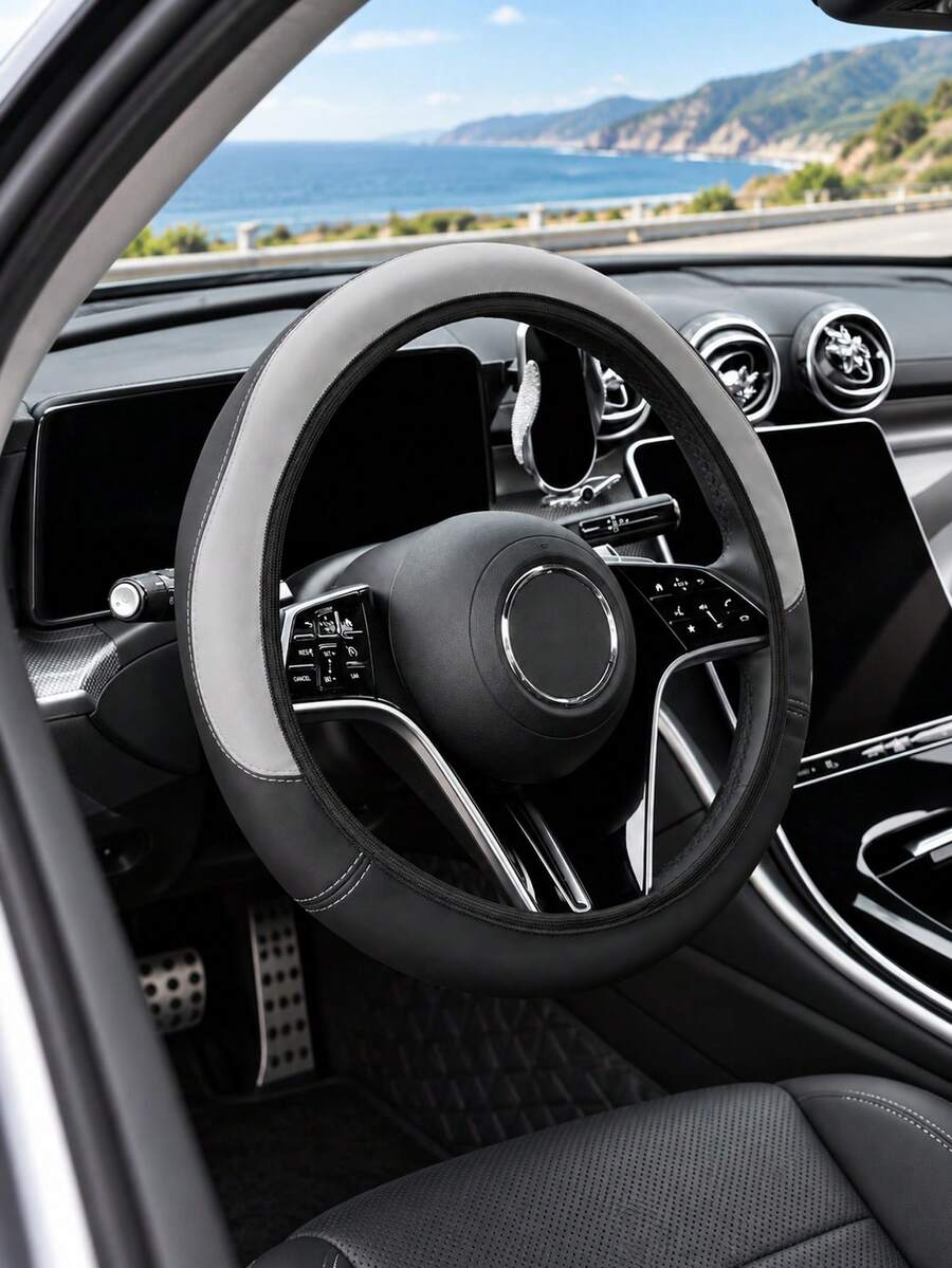 ROSEKEY 1PC Universal Semi-Circular Two-Tone PU Leather Steering Wheel Cover Features A Soft Grip, Is Non-Slip, Breathable, And Sweat-Proof. It's Suitable For All Seasons, Including Sedans, SUVs, And Trucks,Car Accessories For Women. - A - View 1