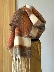 1pc British Style Caramel Plaid Scarf Winter New Mohair Warm Neck Warmer Shawl - Rust - View 4