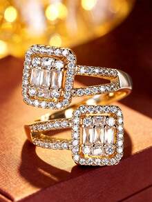 1pc European & American Luxury Square Open Ring For Women, Elegant Square Design Open Finger Ring, Suitable For Daily Wear, Wedding, Party, Gift Jewelry - Open Ring - View 1