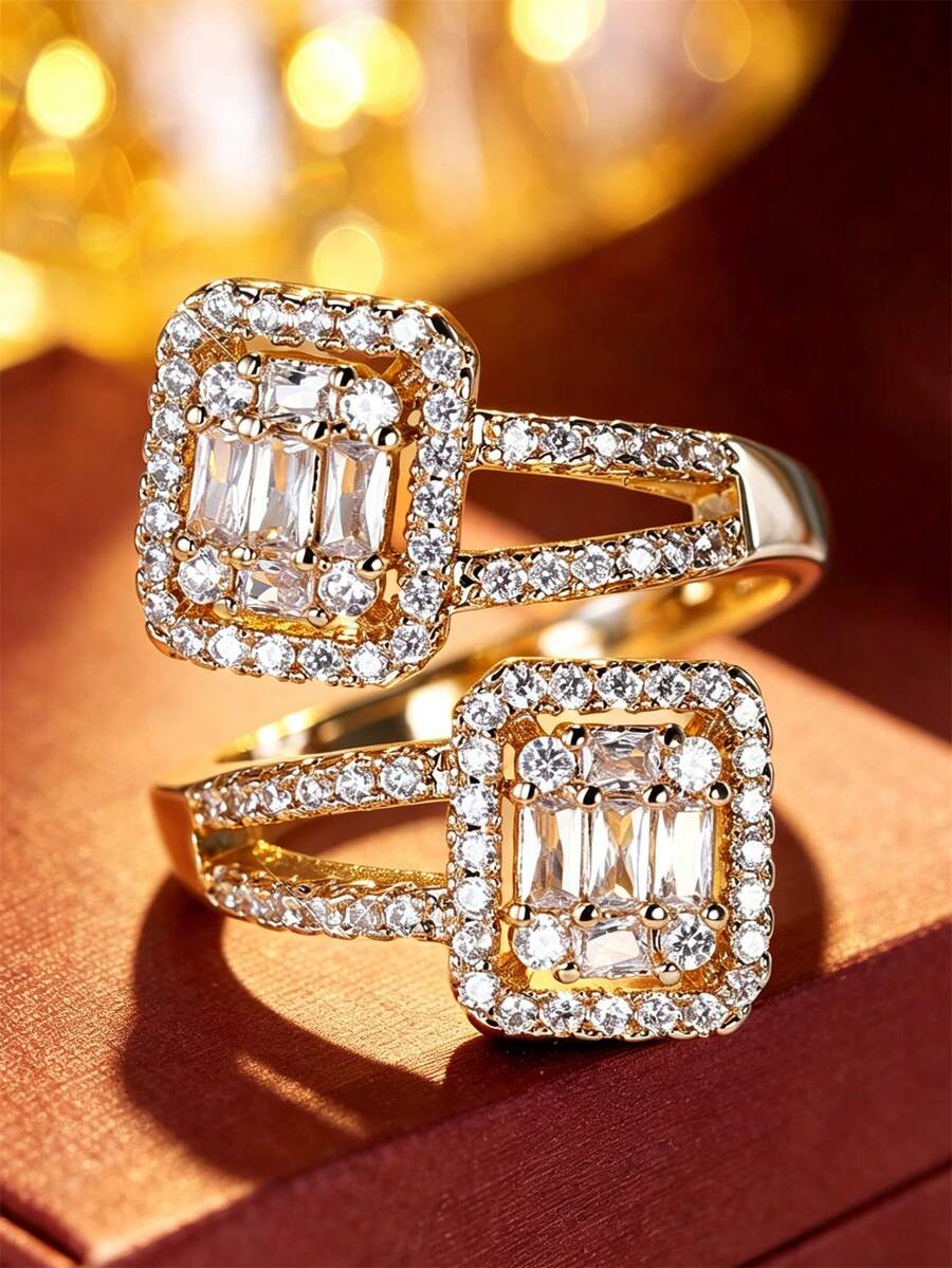 1pc European & American Luxury Square Open Ring For Women, Elegant Square Design Open Finger Ring, Suitable For Daily Wear, Wedding, Party, Gift Jewelry - Open Ring - View 1