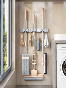 1pc Multifunctional Wall-Mounted Broom & Mop Holder, Silver Gray Rust-Proof Self-Adhesive Tool Organizer With Hooks, Suitable For Laundry Room, Garage, Kitchen, Christmas & Thanksgiving Home Cleaning Gift - Multicolor - View 13