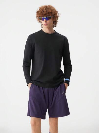 veidoorn Men's Solid Color Long-Sleeve Top With Letter Print,Simple Casual Sports T-Shirt, Daily Top