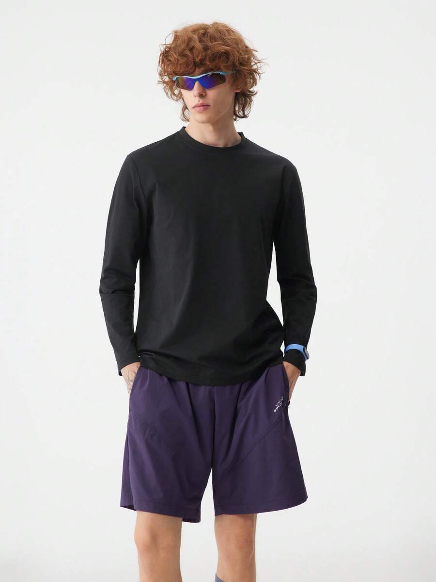 veidoorn Men's Solid Color Long-Sleeve Top With Letter Print,Simple Casual Sports T-Shirt, Daily Top