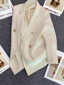 Spring/Summer Women's Solid Color Long Sleeve Double-Breasted Blazer, Notch Lapel | White - White - View 4
