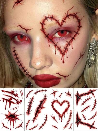 4pcs Realistic Blood-Colored Stitch Scar Temporary Tattoo Stickers, Waterproof Sweat-Resistant Horror Fake Wound Tattoo Stickers, Halloween Cosplay Party Body Painting Stickers, Suitable For Men And Women