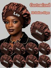 1pc Women's Satin Sleep Cap, 12 Zodiac Sign Print Oversized Night Cap, Elastic Soft Silk Sleep Cap, Constellation Night Hat For Curly Hair Protection - Brown - View 1