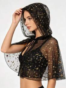 1pc Halloween Hot-Selling Black Star & Moon Mesh Hooded Short Cape Witch Style Camisole Top Costume Accessory - Black - View 1