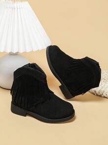 1 Pair New Fashionable Cute Ankle Boots For Infants And Toddlers, Fringed Side Zipper Faux Suede Western Cowboy Boots, Suitable For Parties, School, Outdoor - Black - View 7